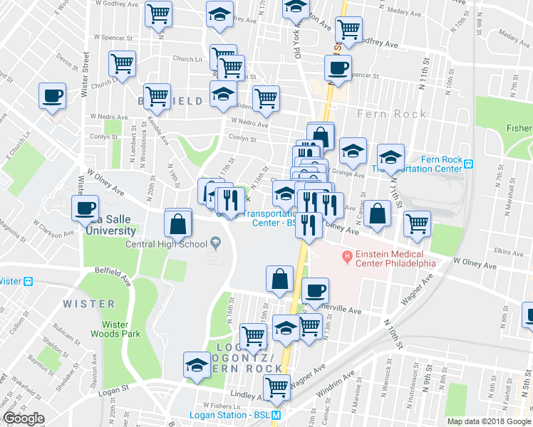 map of restaurants, bars, coffee shops, grocery stores, and more near 1519 West Olney Avenue in Philadelphia