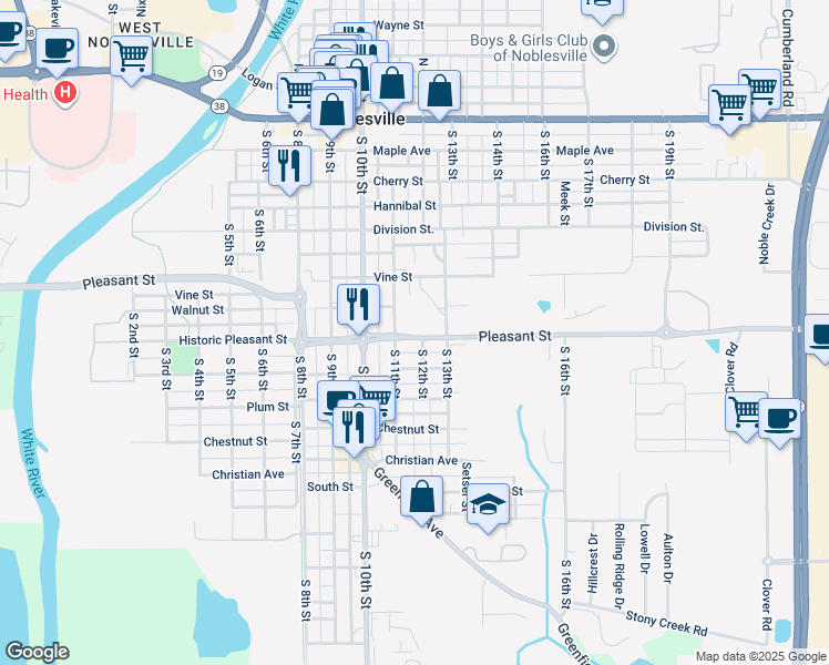 map of restaurants, bars, coffee shops, grocery stores, and more near 1180 Pleasant Street in Noblesville