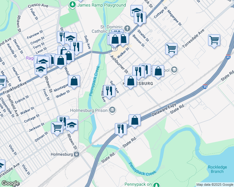 map of restaurants, bars, coffee shops, grocery stores, and more near 4630 Solly Avenue in Philadelphia