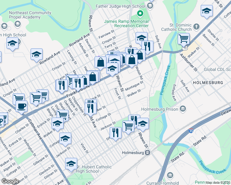 map of restaurants, bars, coffee shops, grocery stores, and more near 4216 Frost Street in Philadelphia
