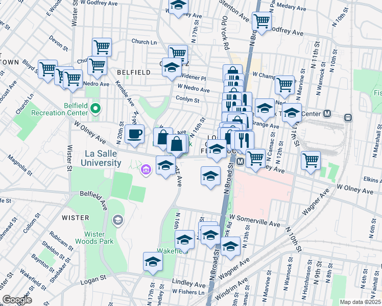 map of restaurants, bars, coffee shops, grocery stores, and more near 5605 North 16th Street in Philadelphia