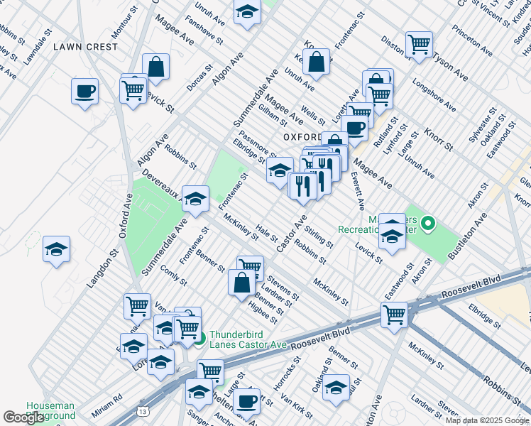 map of restaurants, bars, coffee shops, grocery stores, and more near 1279 Robbins Street in Philadelphia