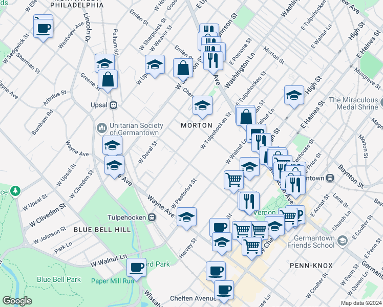 map of restaurants, bars, coffee shops, grocery stores, and more near 151 West Tulpehocken Street in Philadelphia