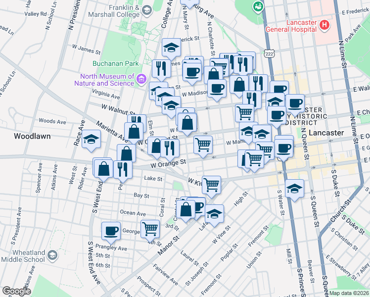 map of restaurants, bars, coffee shops, grocery stores, and more near 126 North Pine Street in Lancaster