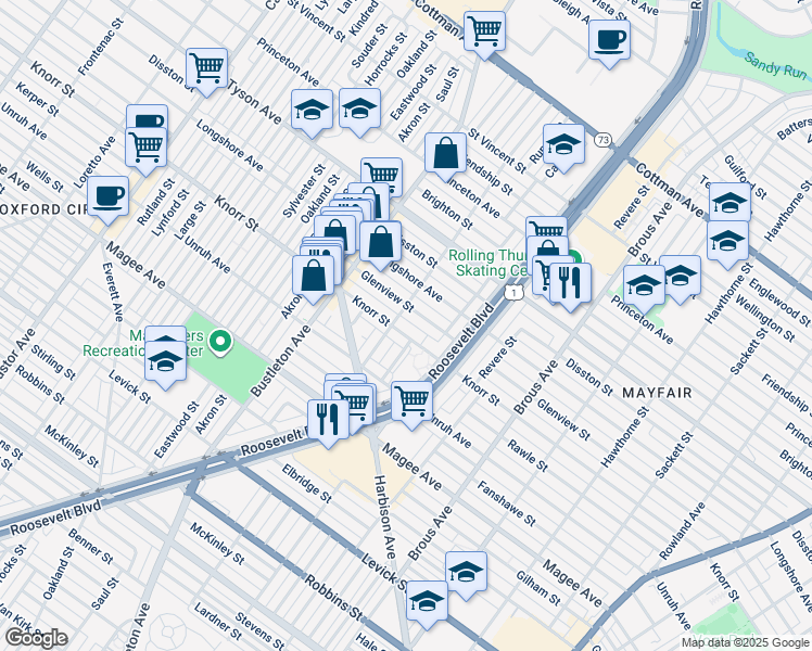 map of restaurants, bars, coffee shops, grocery stores, and more near 2211 Knorr Street in Philadelphia