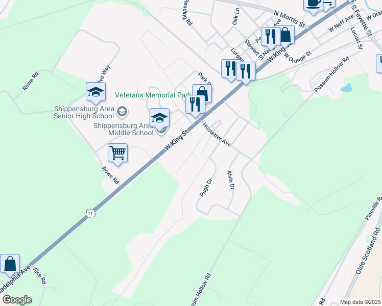 map of restaurants, bars, coffee shops, grocery stores, and more near 9965 Tower Road in Shippensburg
