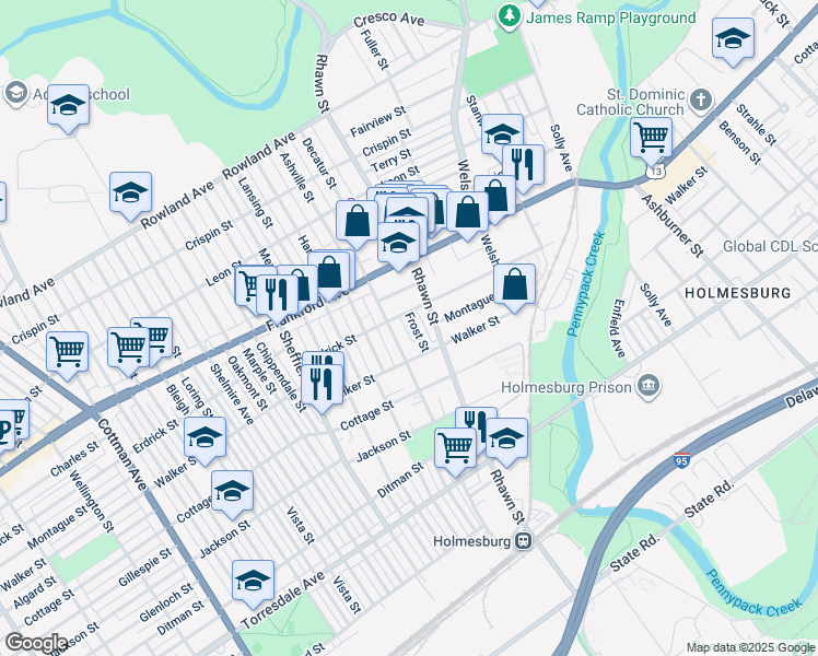 map of restaurants, bars, coffee shops, grocery stores, and more near 4216 Frost Street in Philadelphia