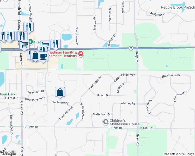 map of restaurants, bars, coffee shops, grocery stores, and more near 17258 Puntledge Drive in Noblesville