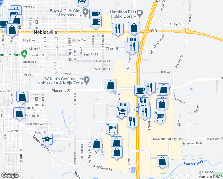 map of restaurants, bars, coffee shops, grocery stores, and more near 2178 Pleasant Street in Noblesville