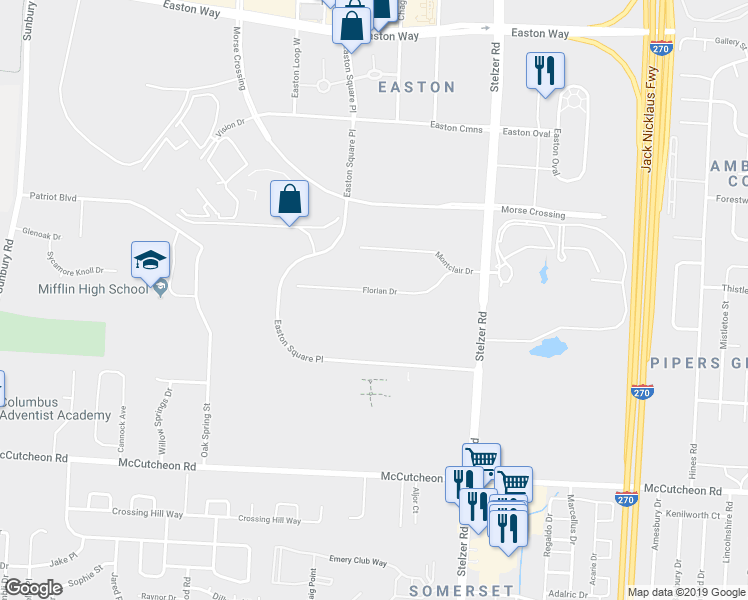 map of restaurants, bars, coffee shops, grocery stores, and more near 3681 Florian Drive in Columbus