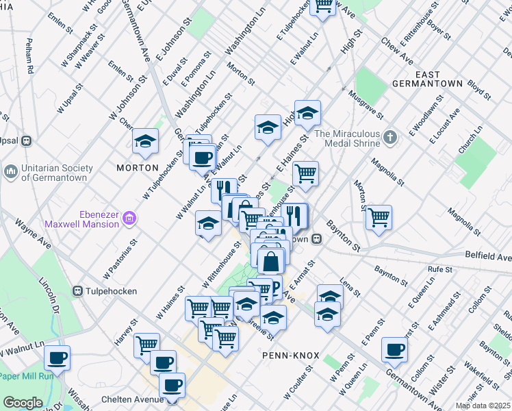 map of restaurants, bars, coffee shops, grocery stores, and more near 50-54 East Haines Street in Philadelphia