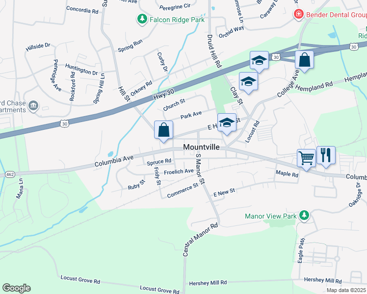 map of restaurants, bars, coffee shops, grocery stores, and more near 33 West Main Street in Mountville
