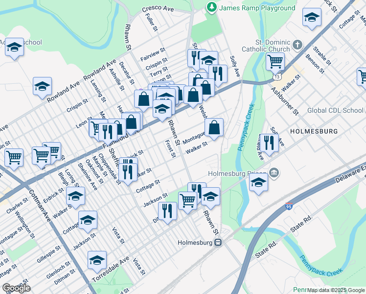 map of restaurants, bars, coffee shops, grocery stores, and more near 4223 Rhawn Street in Philadelphia