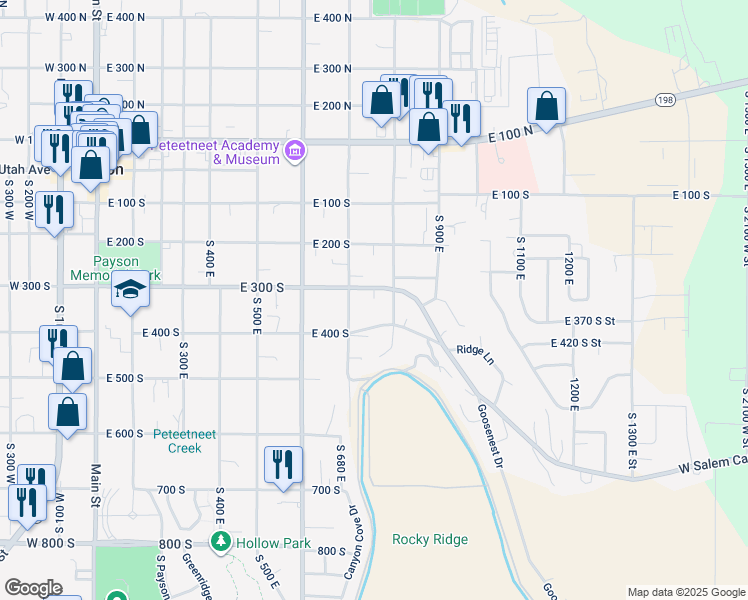 map of restaurants, bars, coffee shops, grocery stores, and more near 780 East 300 South in Payson