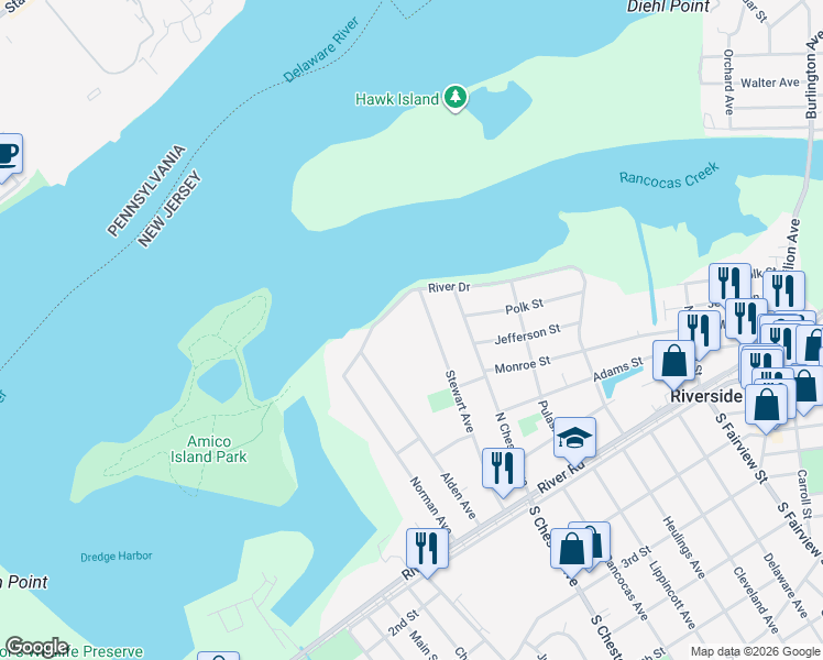 map of restaurants, bars, coffee shops, grocery stores, and more near 81 Stewart Avenue in Delran