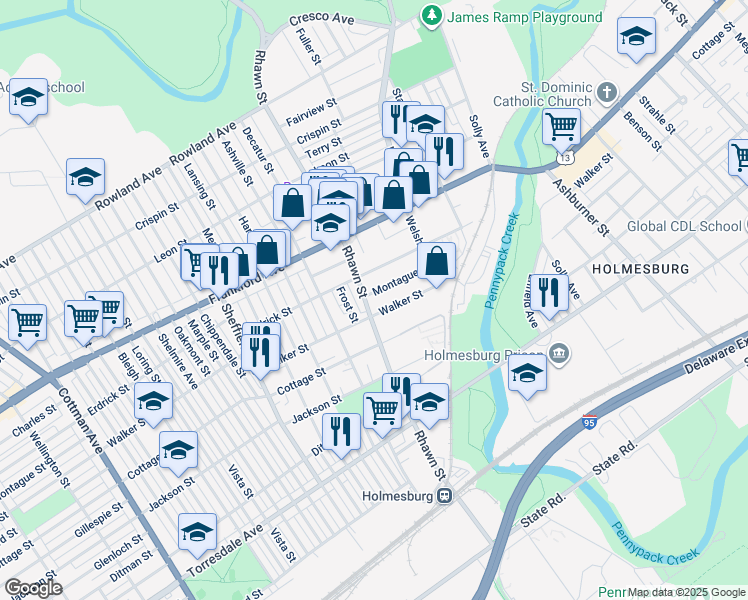 map of restaurants, bars, coffee shops, grocery stores, and more near 4223 Rhawn Street in Philadelphia