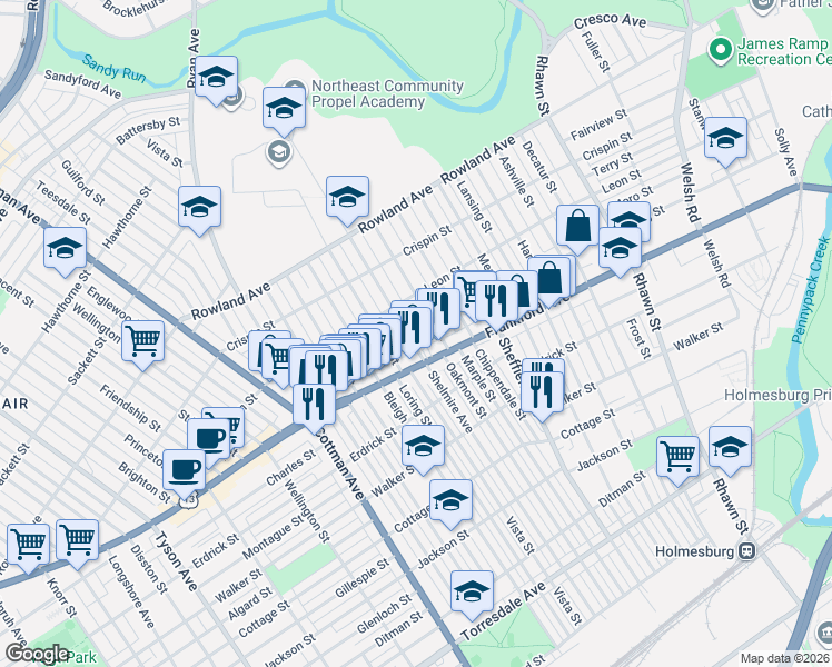 map of restaurants, bars, coffee shops, grocery stores, and more near 3542 Oakmont Street in Philadelphia