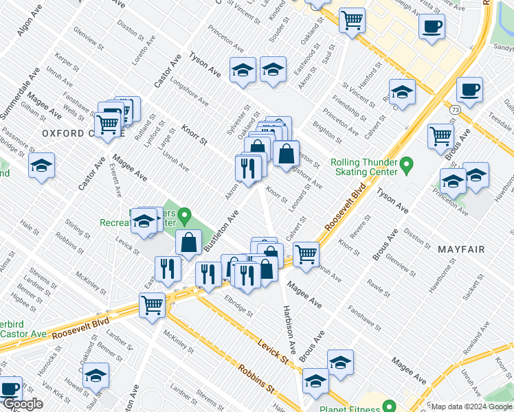 map of restaurants, bars, coffee shops, grocery stores, and more near 6717 Bustleton Avenue in Philadelphia