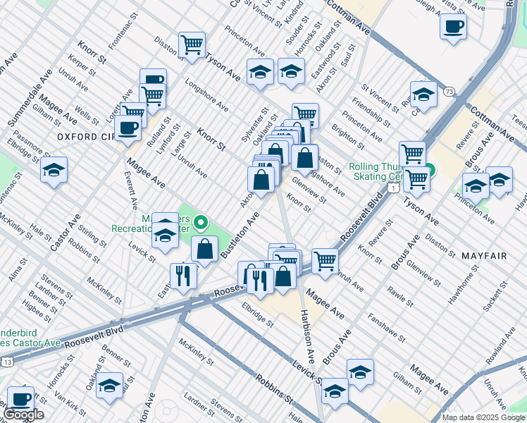 map of restaurants, bars, coffee shops, grocery stores, and more near 6717 Bustleton Avenue in Philadelphia