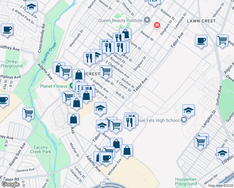 map of restaurants, bars, coffee shops, grocery stores, and more near 614 Sanger Street in Philadelphia