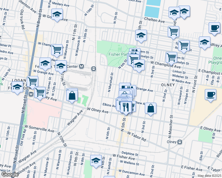 map of restaurants, bars, coffee shops, grocery stores, and more near 5741 North Marshall Street in Philadelphia
