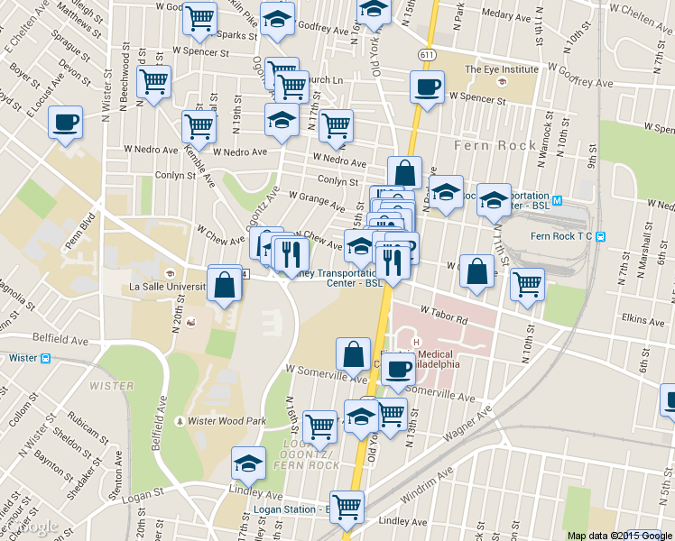 map of restaurants, bars, coffee shops, grocery stores, and more near 5616 North 15th Street in Philadelphia