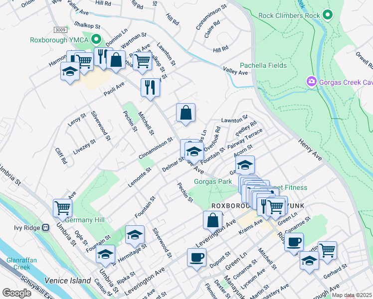 map of restaurants, bars, coffee shops, grocery stores, and more near 6619 Ridge Avenue in Philadelphia