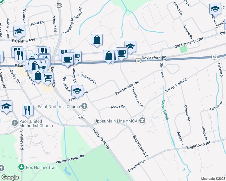 map of restaurants, bars, coffee shops, grocery stores, and more near 1515 Pennsylvania Avenue in Paoli