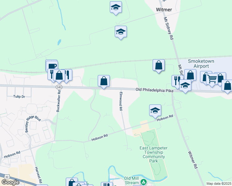 map of restaurants, bars, coffee shops, grocery stores, and more near 2280 Old Philadelphia Pike in Lancaster