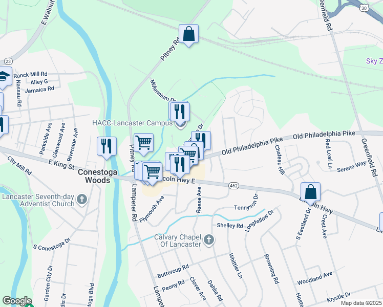 map of restaurants, bars, coffee shops, grocery stores, and more near 1653 Old Philadelphia Pike in Lancaster