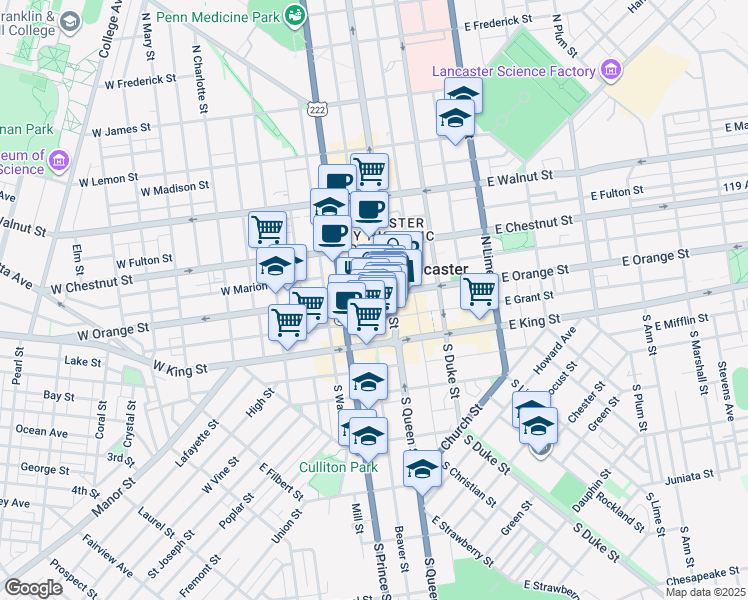 map of restaurants, bars, coffee shops, grocery stores, and more near 18 West Orange Street in Lancaster
