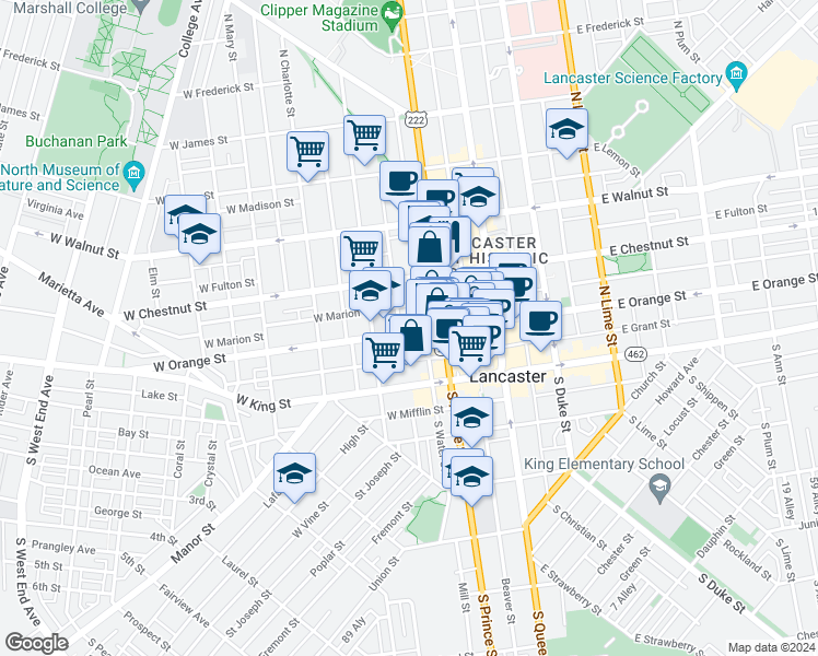 map of restaurants, bars, coffee shops, grocery stores, and more near 223 West Orange Street in Lancaster