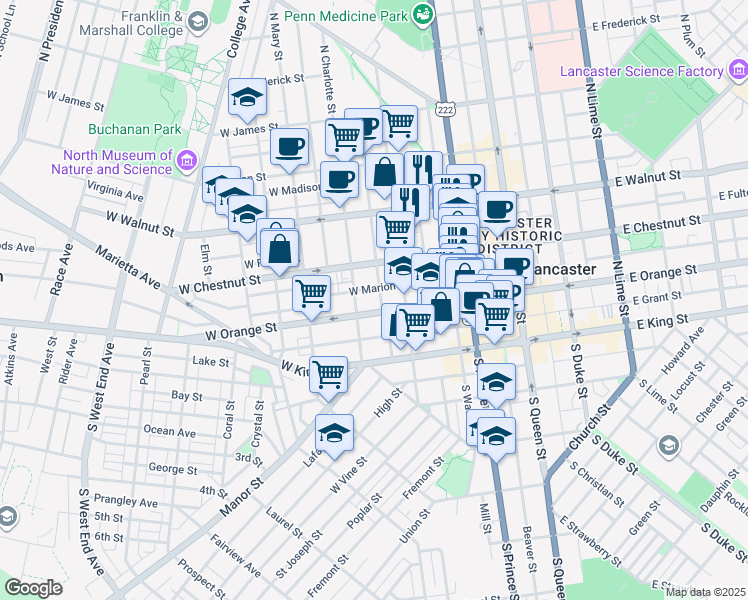 map of restaurants, bars, coffee shops, grocery stores, and more near 119 1/2 North Charlotte Street in Lancaster