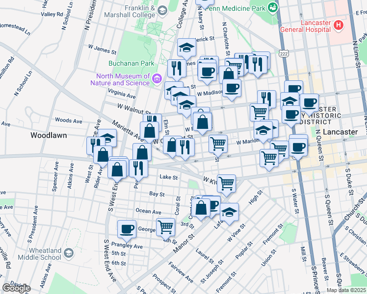 map of restaurants, bars, coffee shops, grocery stores, and more near 624 West Chestnut Street in Lancaster