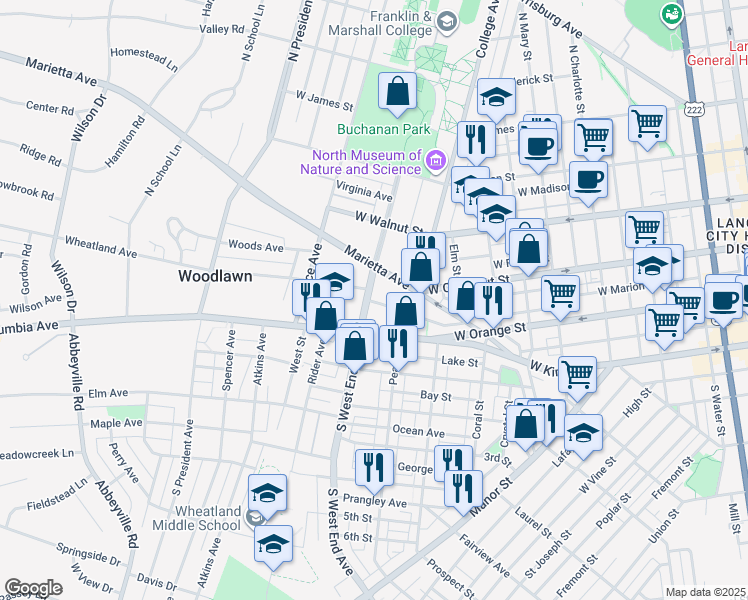 map of restaurants, bars, coffee shops, grocery stores, and more near 49 North West End Avenue in Lancaster