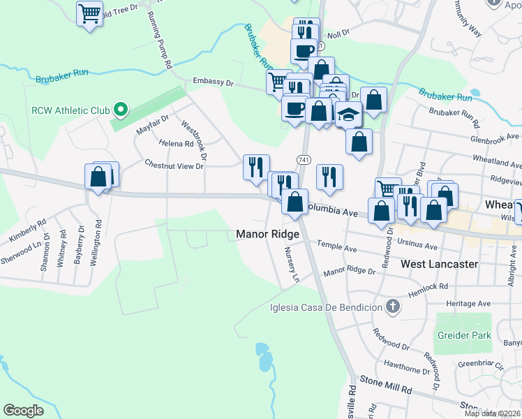 map of restaurants, bars, coffee shops, grocery stores, and more near 2278 Manor Ridge Drive in Lancaster
