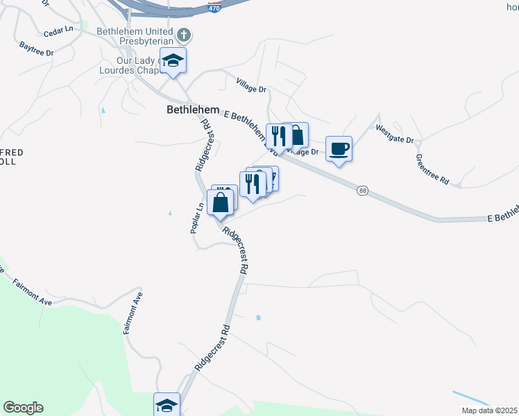 map of restaurants, bars, coffee shops, grocery stores, and more near 24 Elm Lane in Wheeling