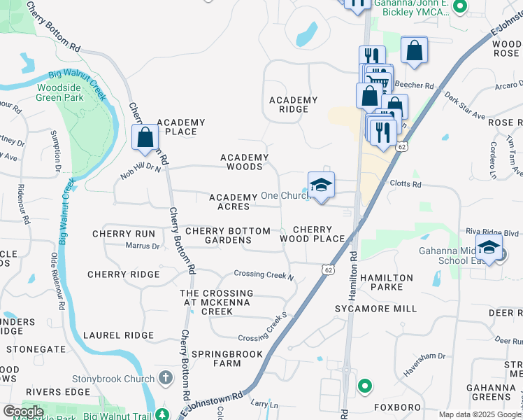 map of restaurants, bars, coffee shops, grocery stores, and more near 260 Academy Court in Columbus