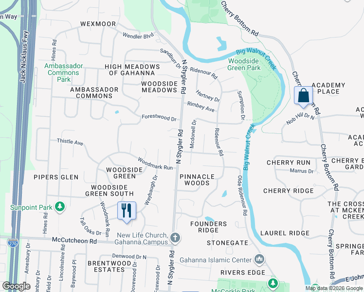 map of restaurants, bars, coffee shops, grocery stores, and more near 790 North Stygler Road in Gahanna