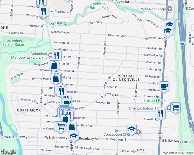 map of restaurants, bars, coffee shops, grocery stores, and more near 233 Richards Road in Columbus