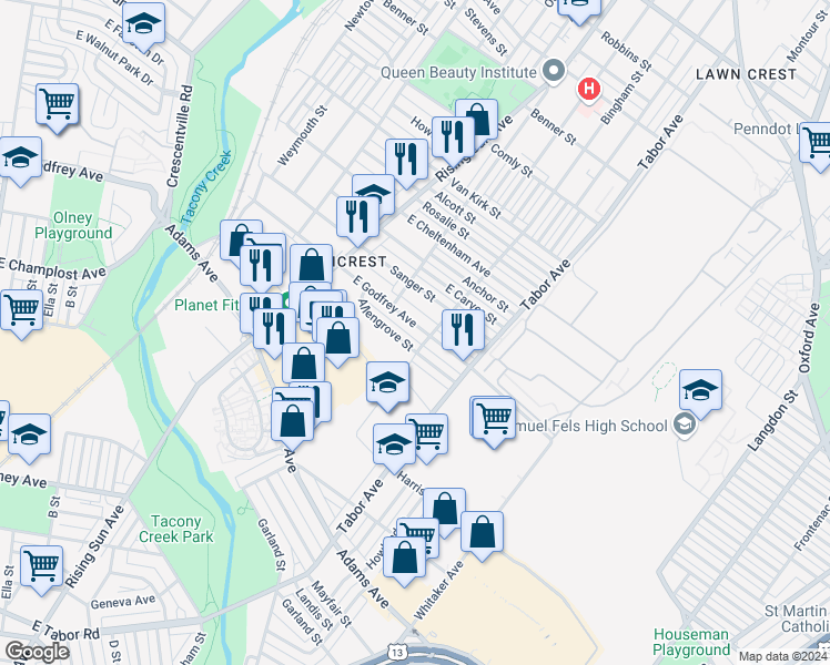 map of restaurants, bars, coffee shops, grocery stores, and more near 588 East Godfrey Avenue in Philadelphia