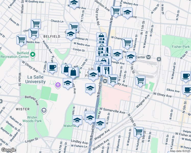map of restaurants, bars, coffee shops, grocery stores, and more near 1429 West Olney Avenue in Philadelphia