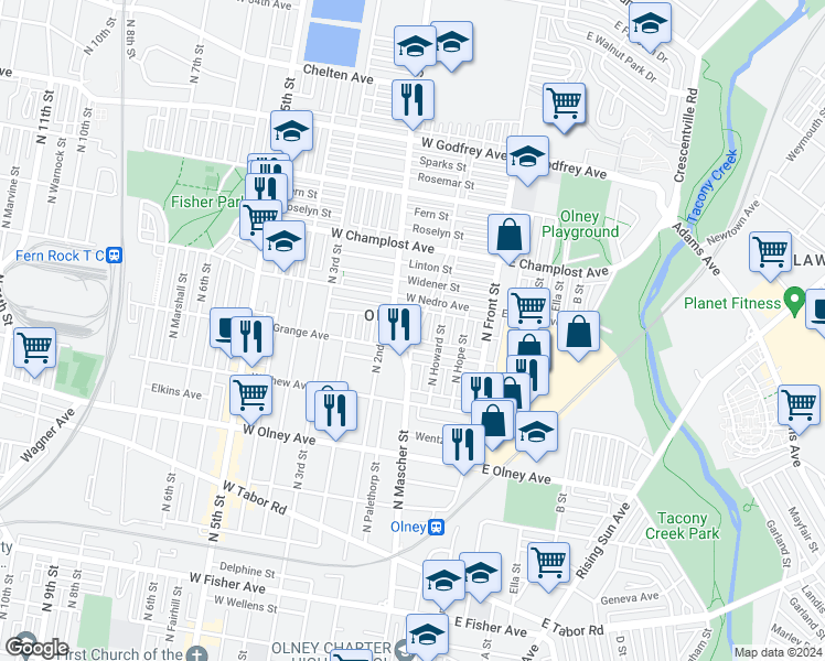 map of restaurants, bars, coffee shops, grocery stores, and more near 5820 North Mascher Street in Philadelphia