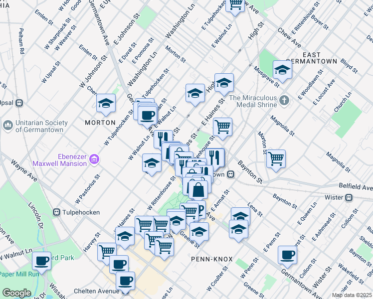 map of restaurants, bars, coffee shops, grocery stores, and more near 50-54 East Haines Street in Philadelphia