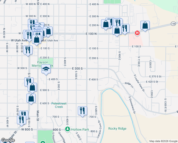 map of restaurants, bars, coffee shops, grocery stores, and more near 319 South 600 East in Payson