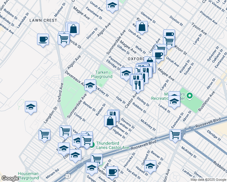 map of restaurants, bars, coffee shops, grocery stores, and more near 1242 Robbins Street in Philadelphia