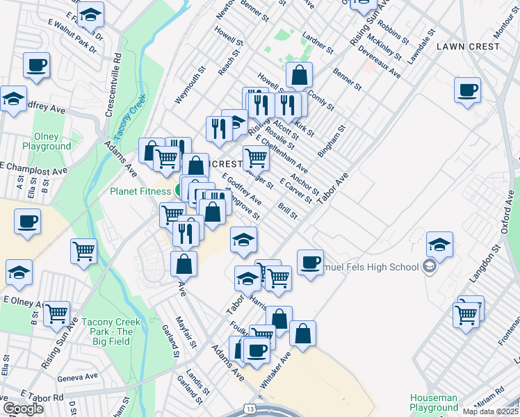 map of restaurants, bars, coffee shops, grocery stores, and more near 588 East Godfrey Avenue in Philadelphia