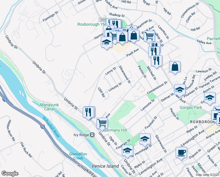 map of restaurants, bars, coffee shops, grocery stores, and more near 6944 Manti Street in Philadelphia