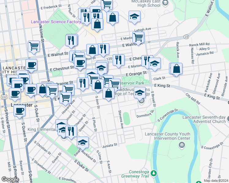 map of restaurants, bars, coffee shops, grocery stores, and more near 618 East King Street in Lancaster