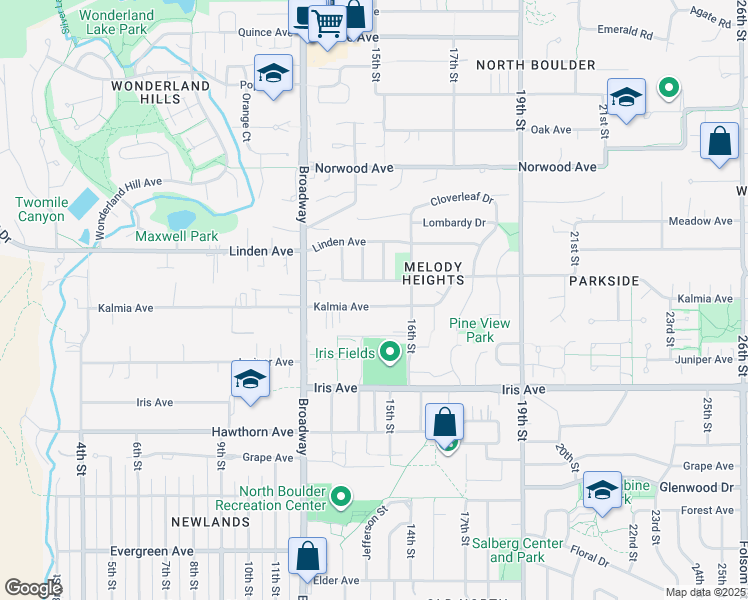 map of restaurants, bars, coffee shops, grocery stores, and more near 1415 Kalmia Avenue in Boulder